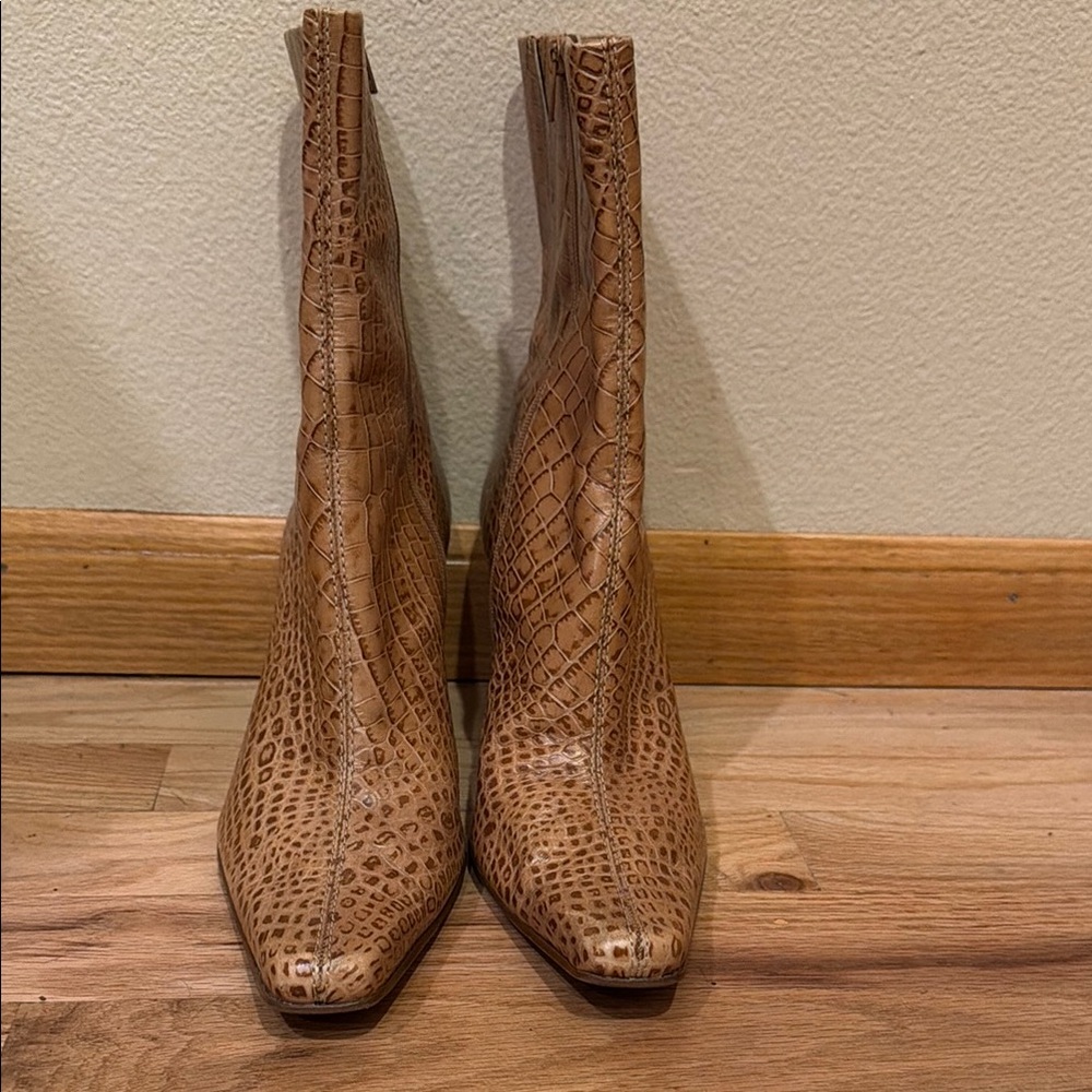 ANTONIO MELANI Tan Croc-Embossed Pointed Toe Ankle Booties